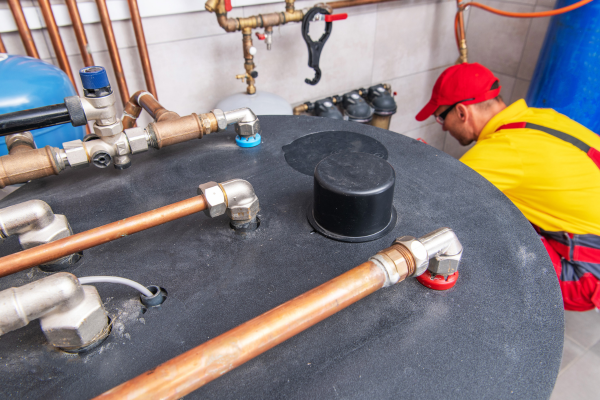 A plumber wearing a yellow shirt, red hat, red pants and safety glasses is bending down to check the pipes around the hot water tank.  You can also see the top of the hot water tank and the 5 pipes that are connected to the top. Hot Water Tank Replacement in Delta