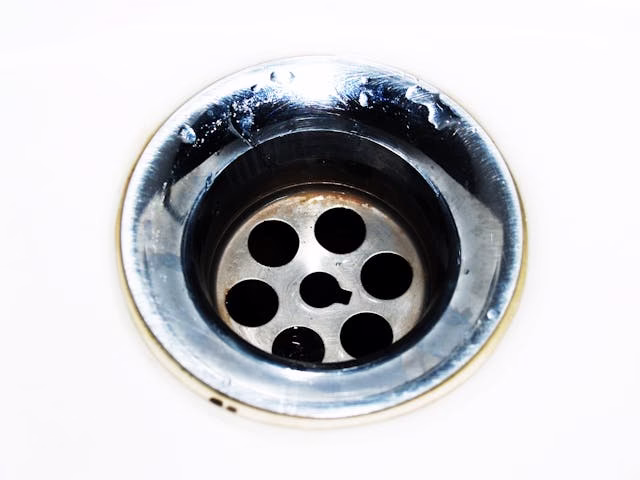 close up of a clogged sink drain. This photo is on the left hand side of the Plumbing Checklist clogged drain and toilets section. 