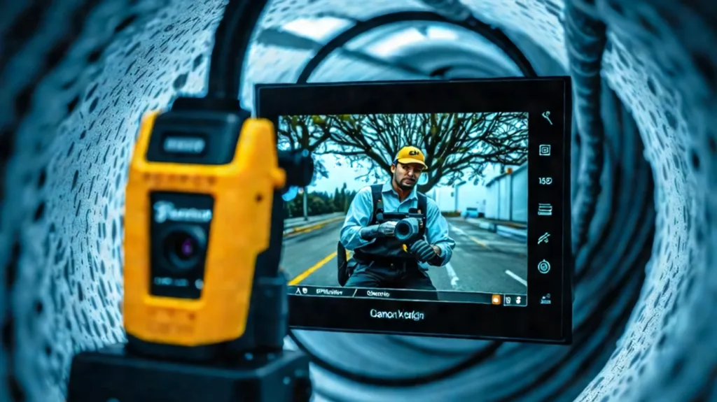 Camera Inspection - AI made photo of a sewer camera inside a water pipe with a screen showing the plumber.