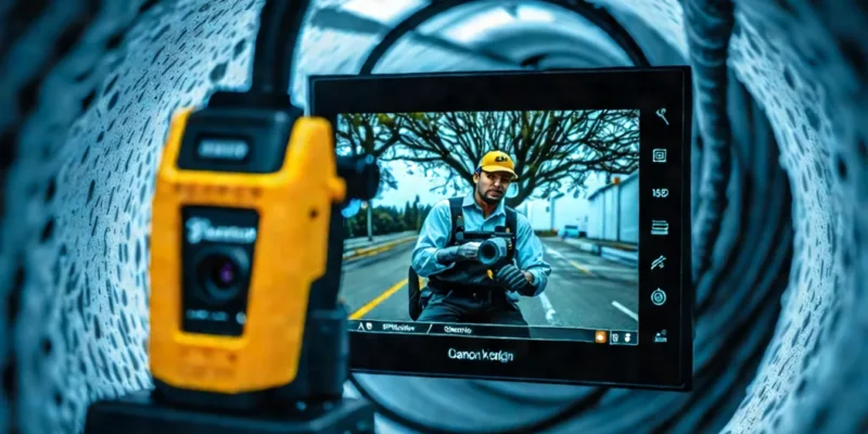 Camera Inspection - AI made photo of a sewer camera inside a water pipe with a screen showing the plumber.
